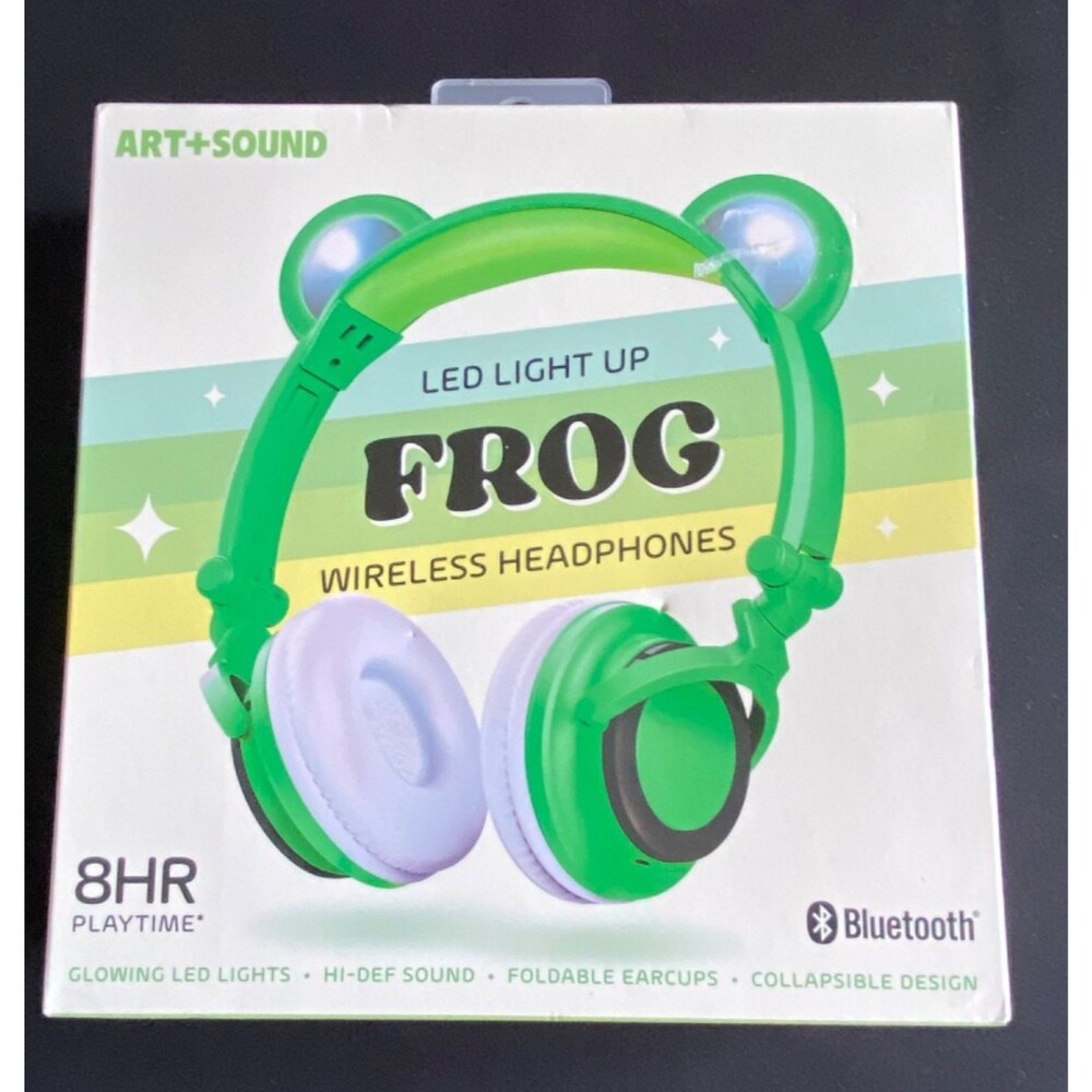 Art+Sound LED Light Up Frog Wireless Bluetooth Headphones Mic Collapsible Kids